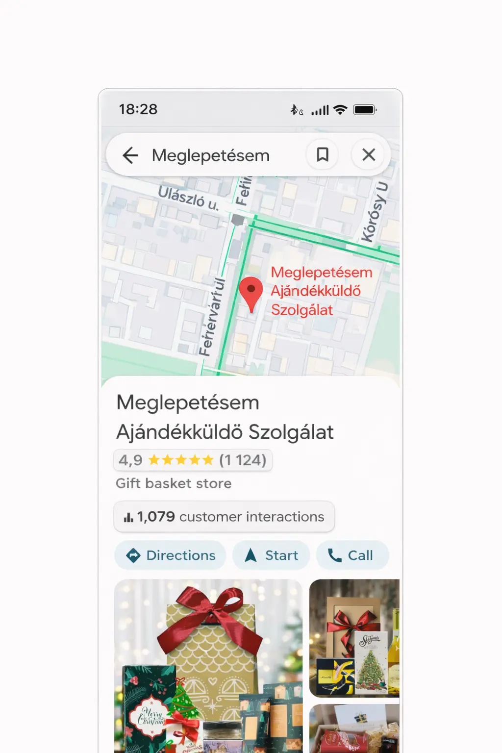 Google Business Profile megjelenés a Google térképen (mobil nézet)